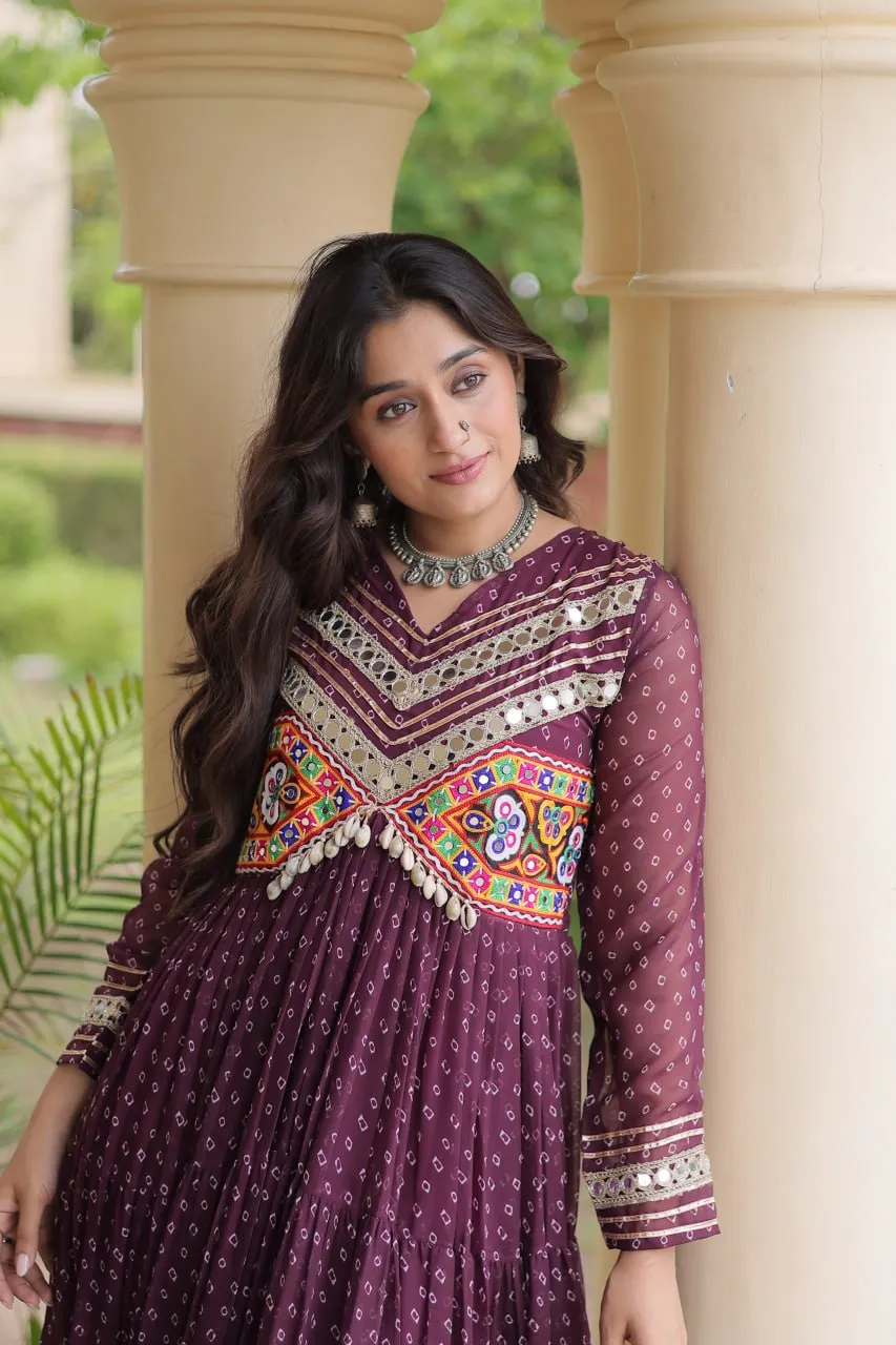 Bandhani Printed & patch work V-Neck Gown Ethnic Dresses