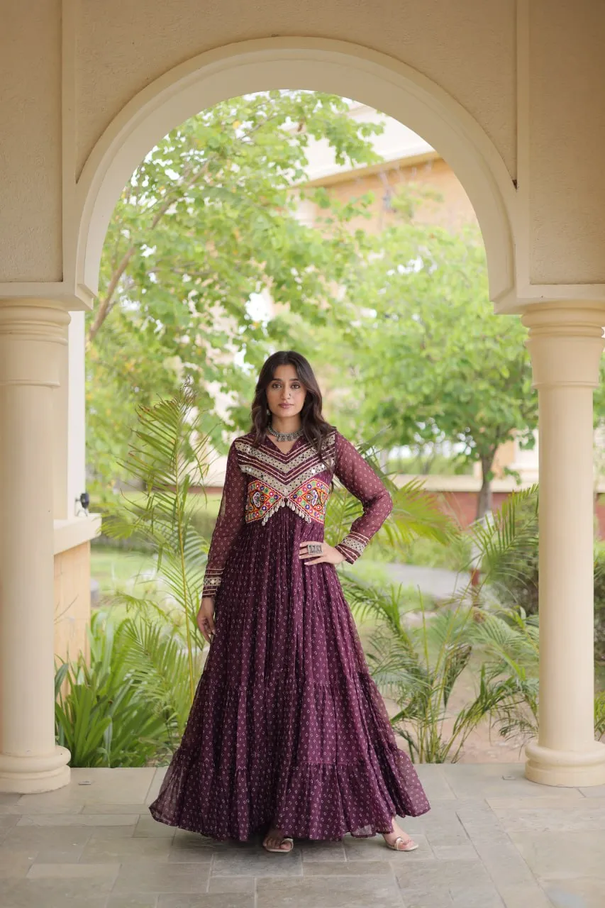 Bandhani Printed & patch work V-Neck Gown Ethnic Dresses