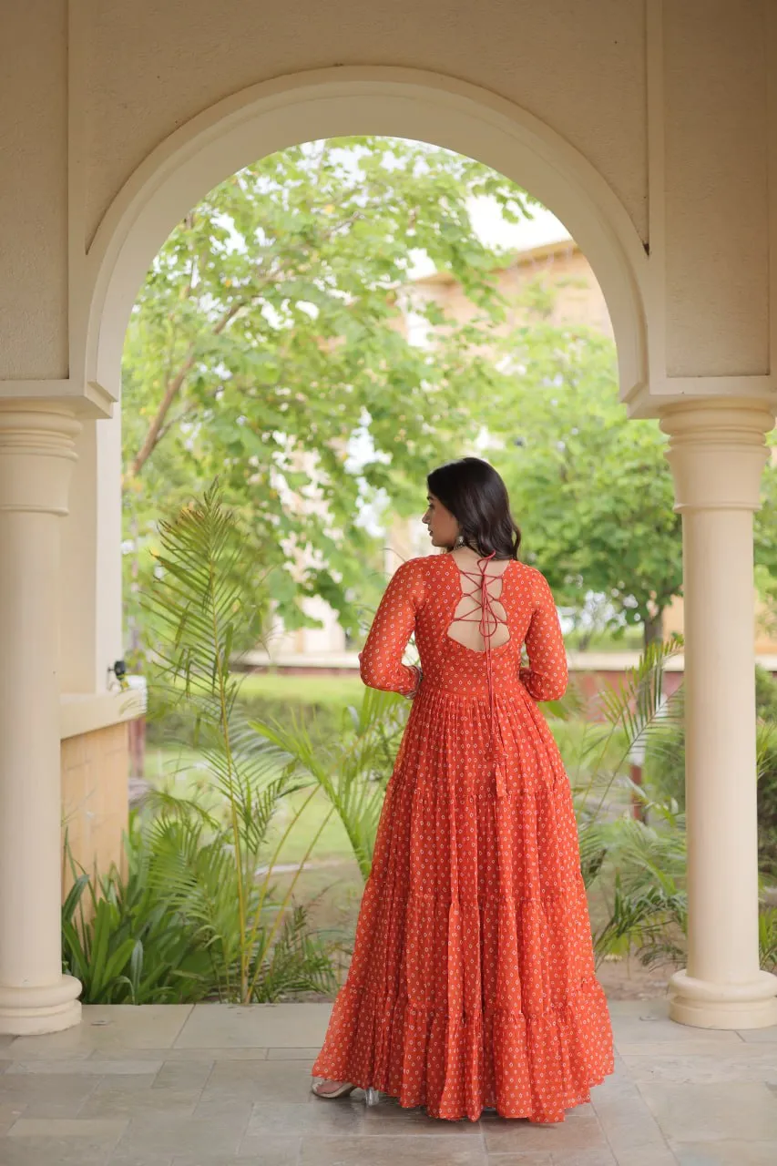 Designer Bandhani Printed V-Neck Gown Ethnic Dresses