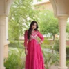 Woman's Fancy Pink Faux Georgette Bandhani Print Work Gown