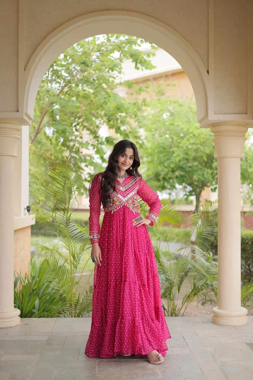 Woman's Fancy Pink Faux Georgette Bandhani Print Work Gown