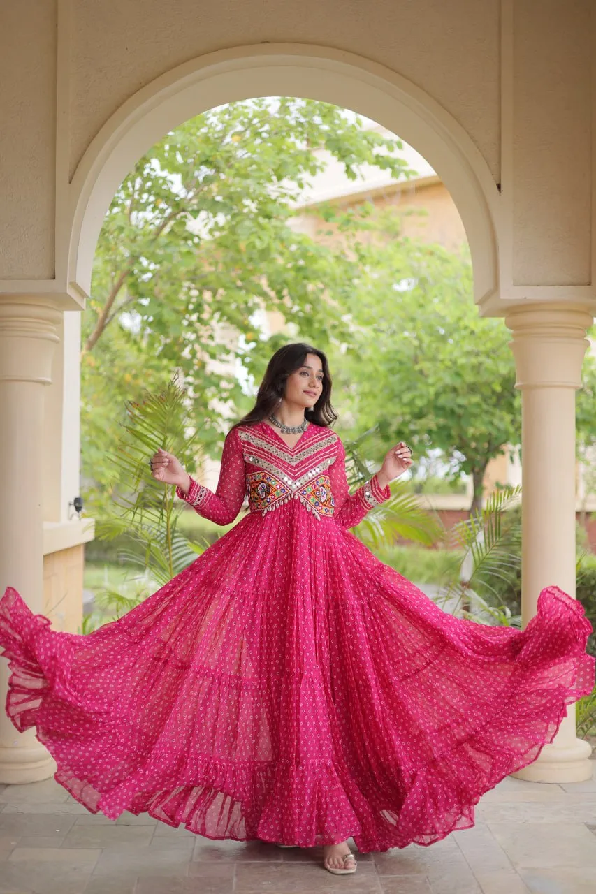 Woman's Fancy Pink Faux Georgette Bandhani Print Work Gown