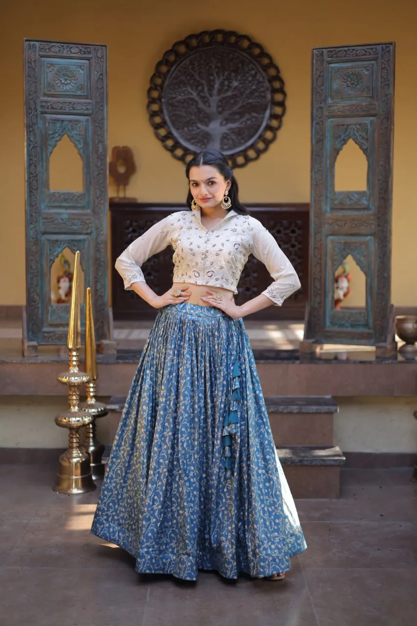Blue Ready-to-Wear Jacquard Lehenga for woman