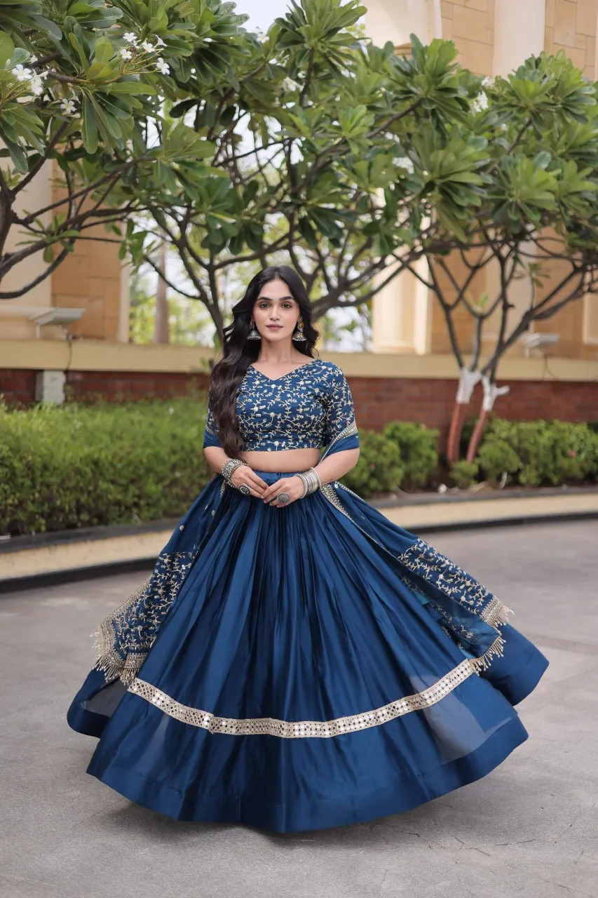 Royal Navy Blue Glory Satin Heavy Zari Sequins Work Lehenga Choli Set