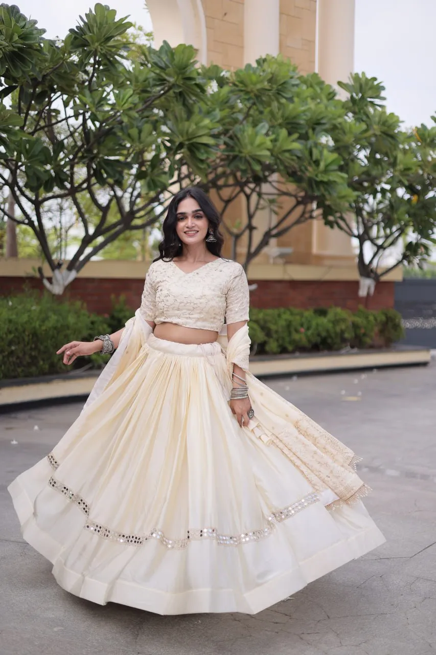 Ivory Cream Glory Satin Embroidered Zari Work Lehenga Choli Set