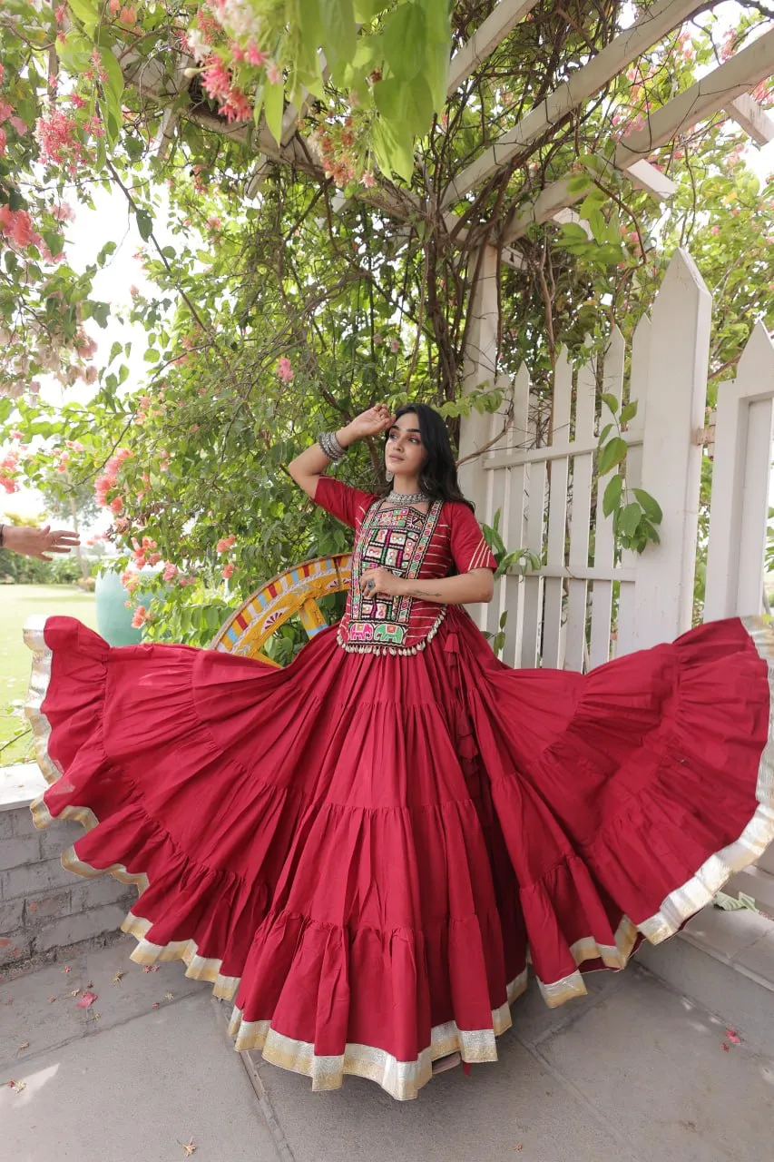 Attractive Red Patch Work Kora Cotton Navratri Special Lehenga Choli