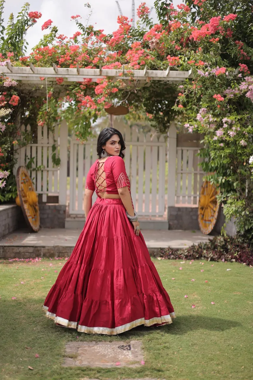 Attractive Red Patch Work Kora Cotton Navratri Special Lehenga Choli
