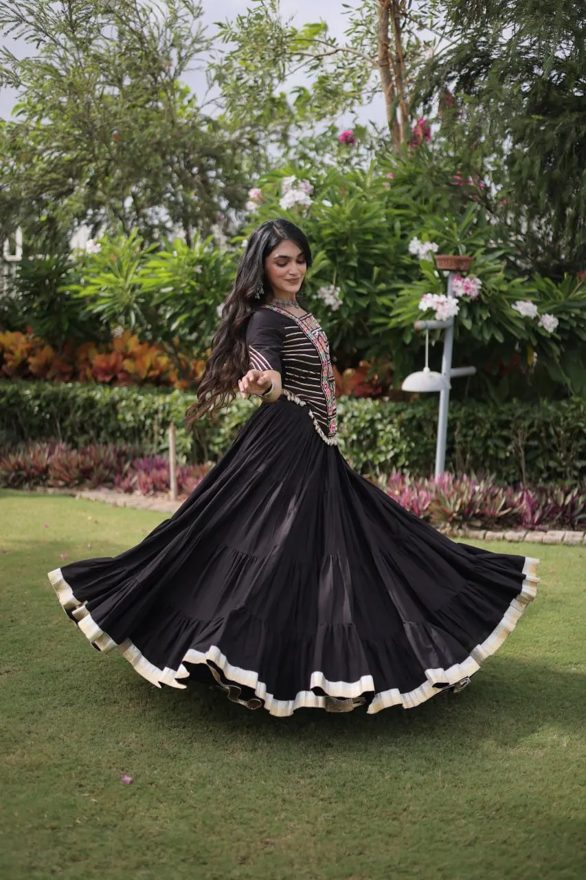 Black Kora Cotton Lehenga with Kutchi Work eclothing
