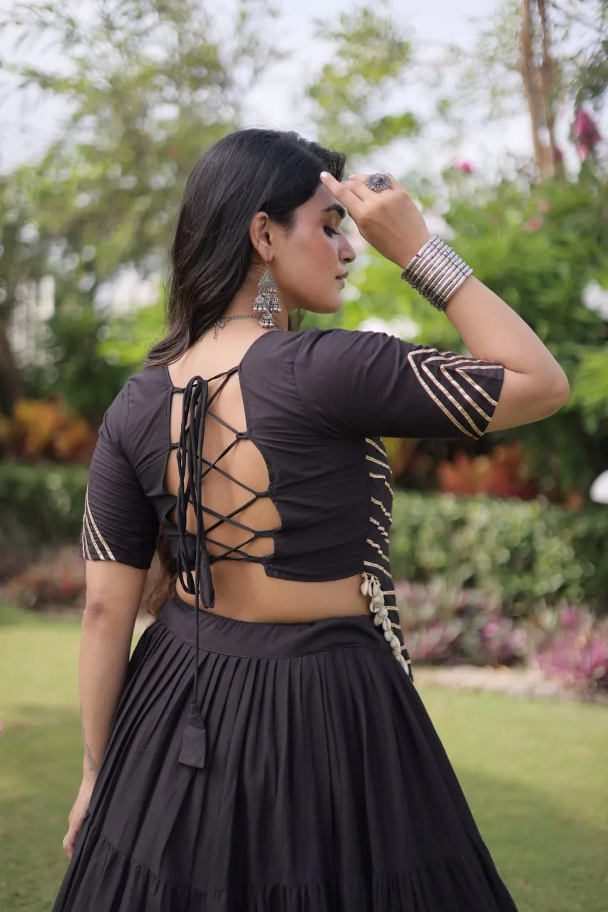 Black Kora Cotton Lehenga with Kutchi Work eclothing