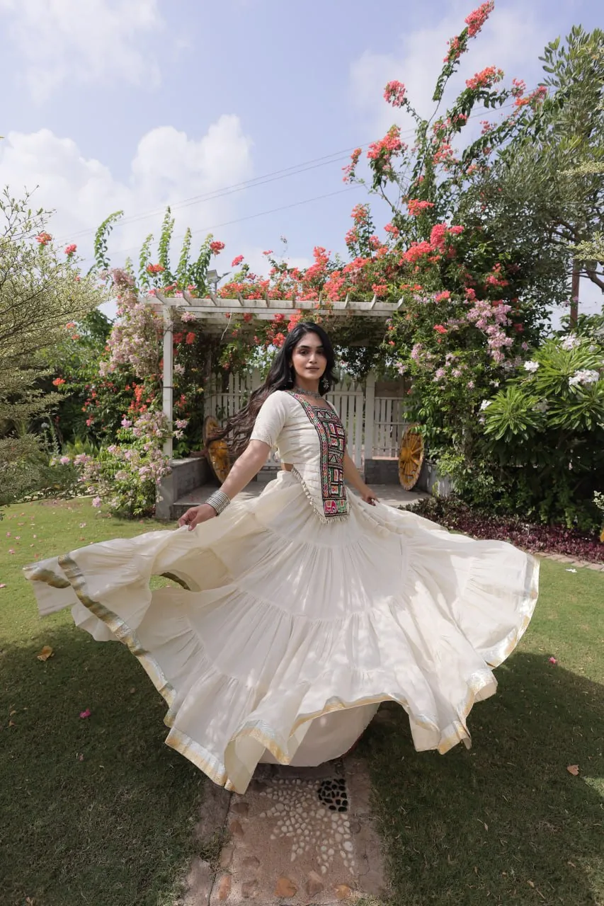 Stylist White Kora Cotton Kutchi Patch Work Lehenga Choli Navratri