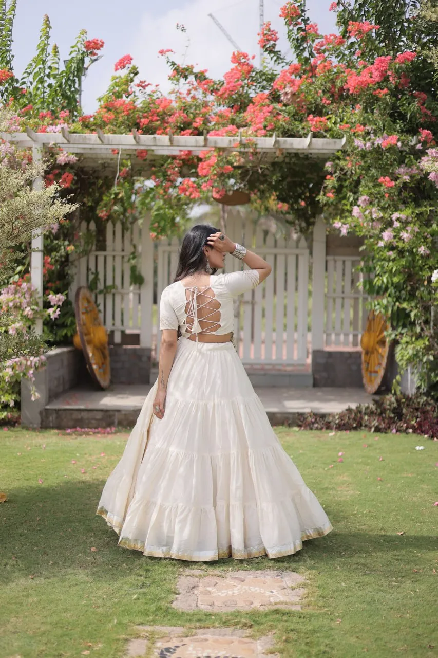 Stylist White Kora Cotton Kutchi Patch Work Lehenga Choli Navratri