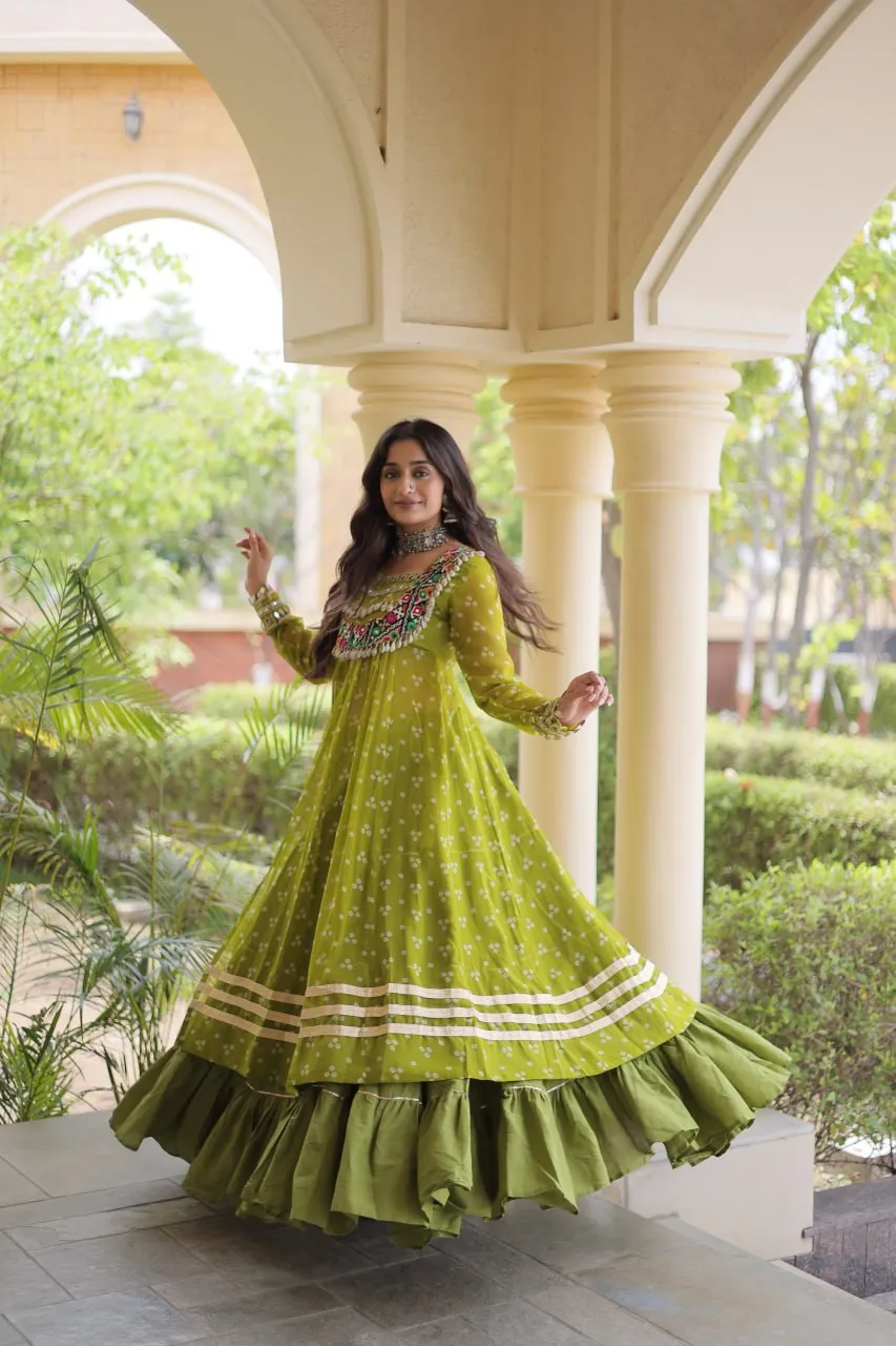 Parrot Kora Cotton Bandhni work with kutchi Work Navaratri Lehenga Chaniya Choli
