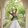 Attractive Green Cotton Navratri Lehenga Choli With Patch Work Peplum Top