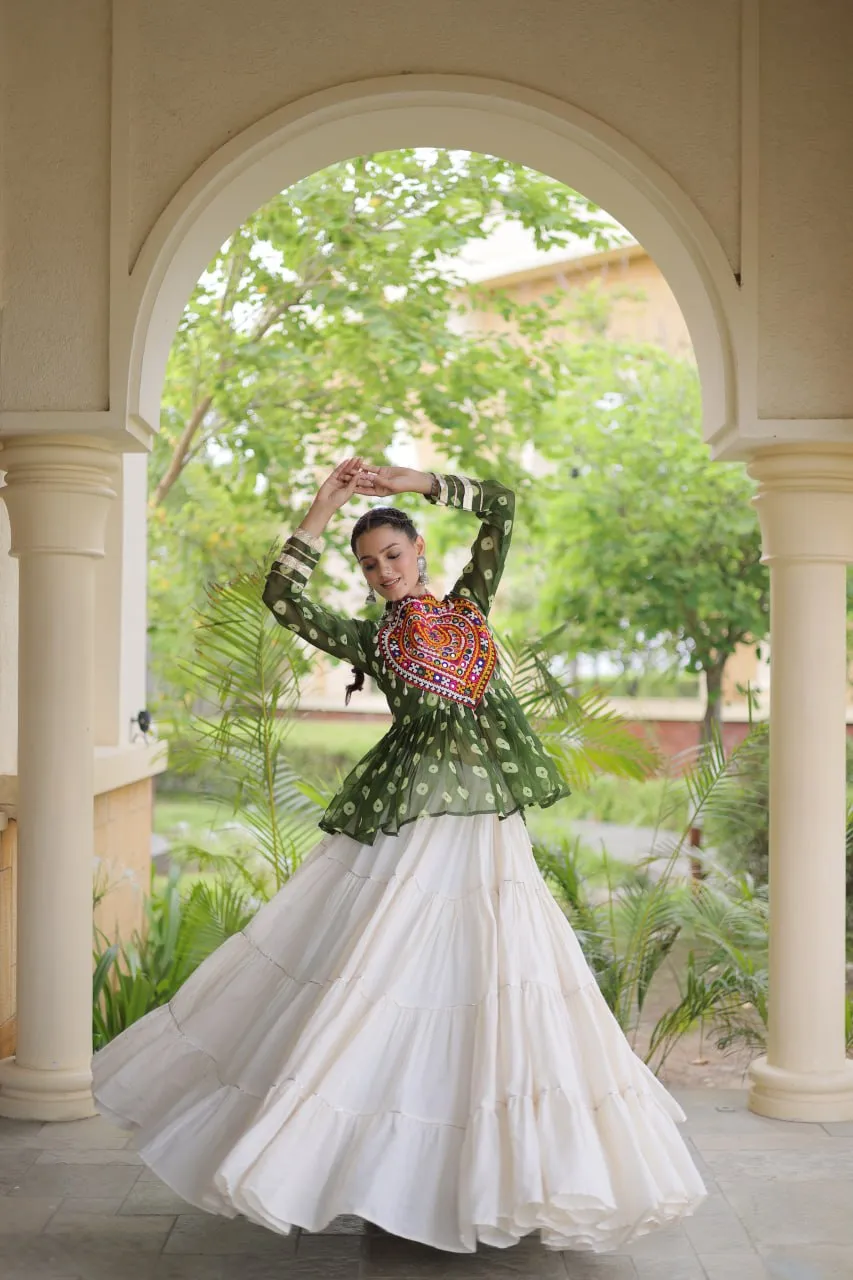Attractive Green Cotton Navratri Lehenga Choli With Patch Work Peplum Top