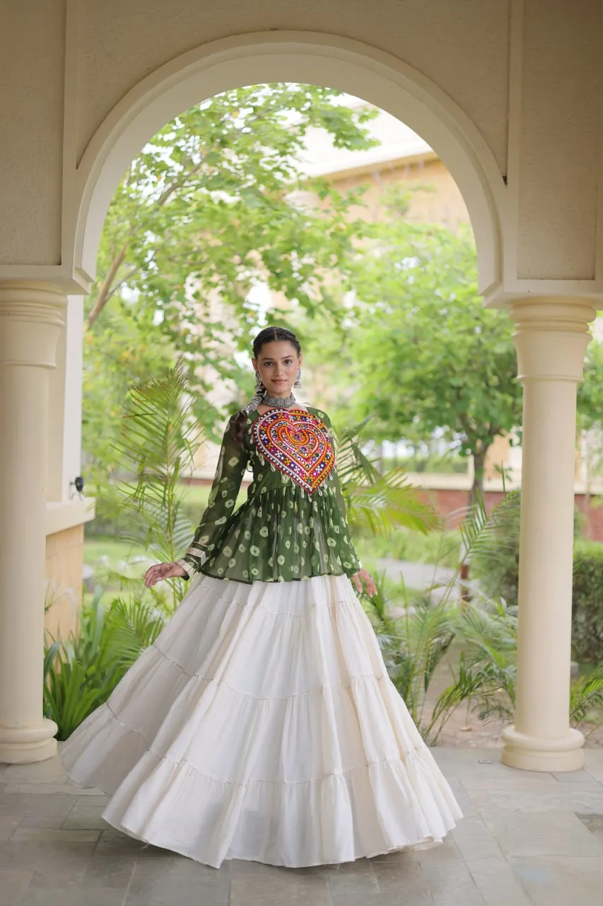Attractive Green Cotton Navratri Lehenga Choli With Patch Work Peplum Top