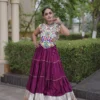 Wine Purple Heavy Rayon Multi-Embroidered Choli with Lampi Lace Frill Tiered Navratri Lehenga Choli