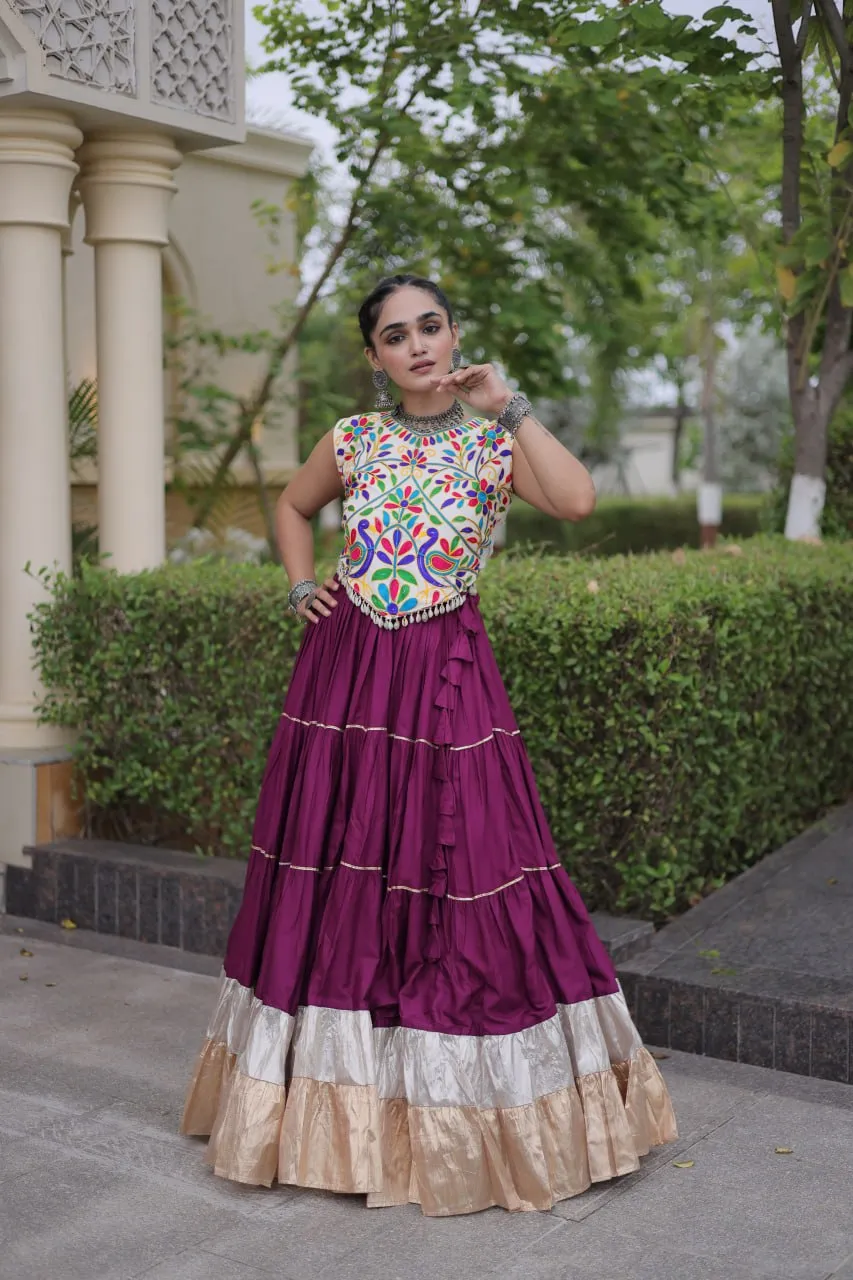 Wine Purple Heavy Rayon Multi-Embroidered Choli with Lampi Lace Frill Tiered Navratri Lehenga Choli