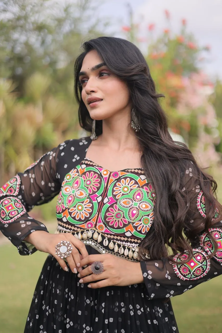 Black Faux Georgette Bandhani Print Navratri Gown with Kutchi Work