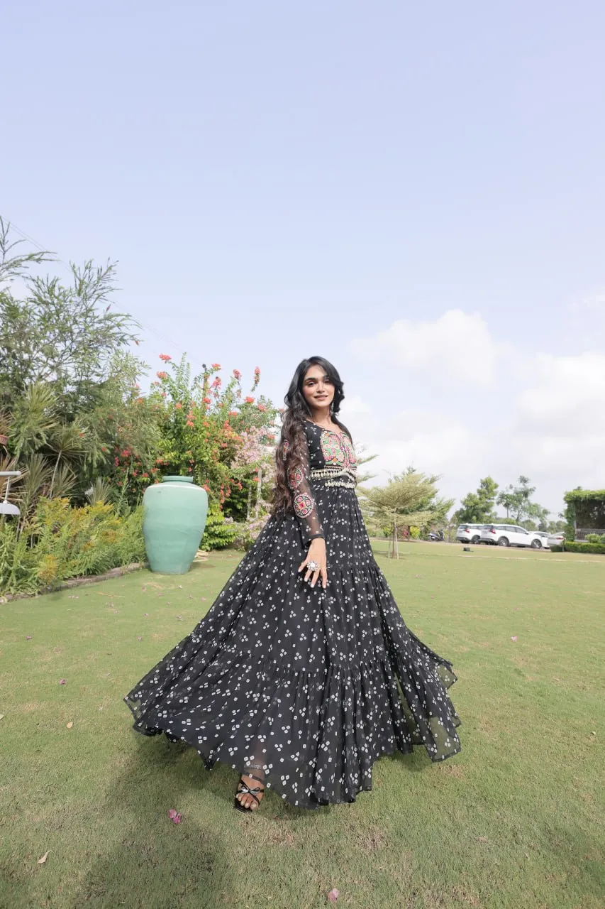 Black Faux Georgette Bandhani Print Navratri Gown with Kutchi Work