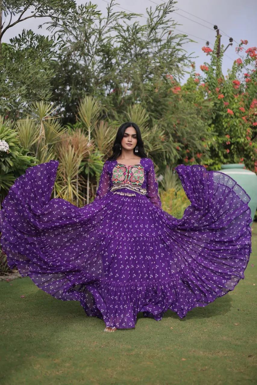 Violet Faux Georgette Gamthi-Work Navratri Special Readymade Kurti for Garba