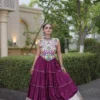 Wine Purple Heavy Rayon Multi-Embroidered Choli with Lampi Lace Frill Tiered Navratri Lehenga Choli