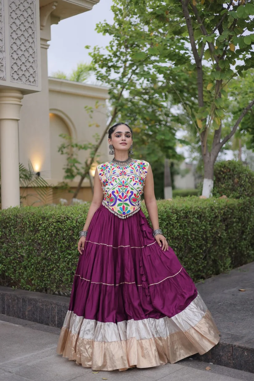 Wine Purple Heavy Rayon Multi-Embroidered Choli with Lampi Lace Frill Tiered Navratri Lehenga Choli