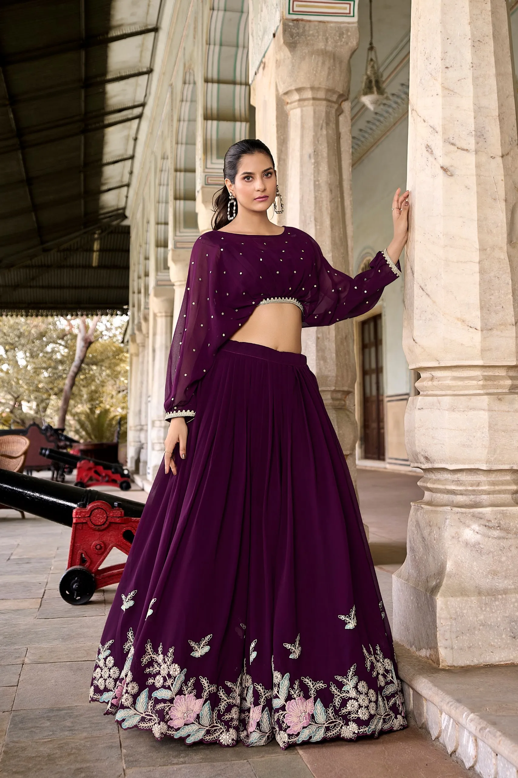 Wine Pure Georgette Sequins and Thread Embroidery Work Co Ord Set