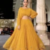 Mustard Breathtaking Embroidered Georgette Embroidery Work Lehenga Co-ord Set