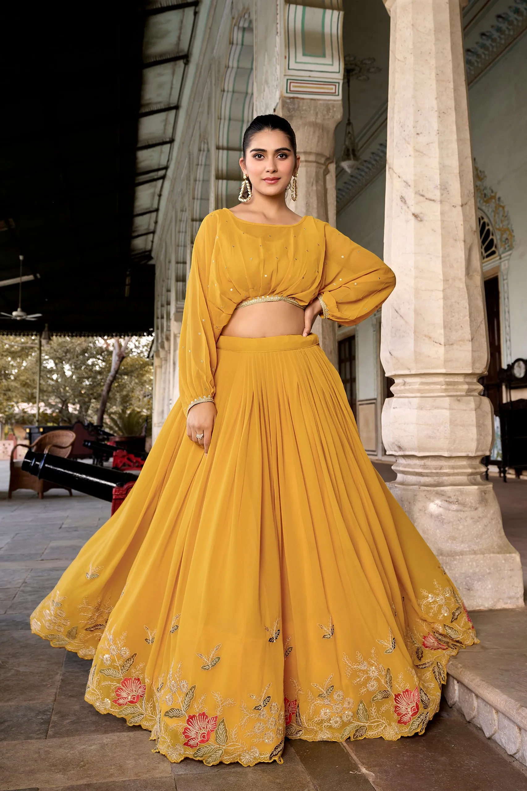 Mustard Breathtaking Embroidered Georgette Embroidery Work Lehenga Co-ord Set