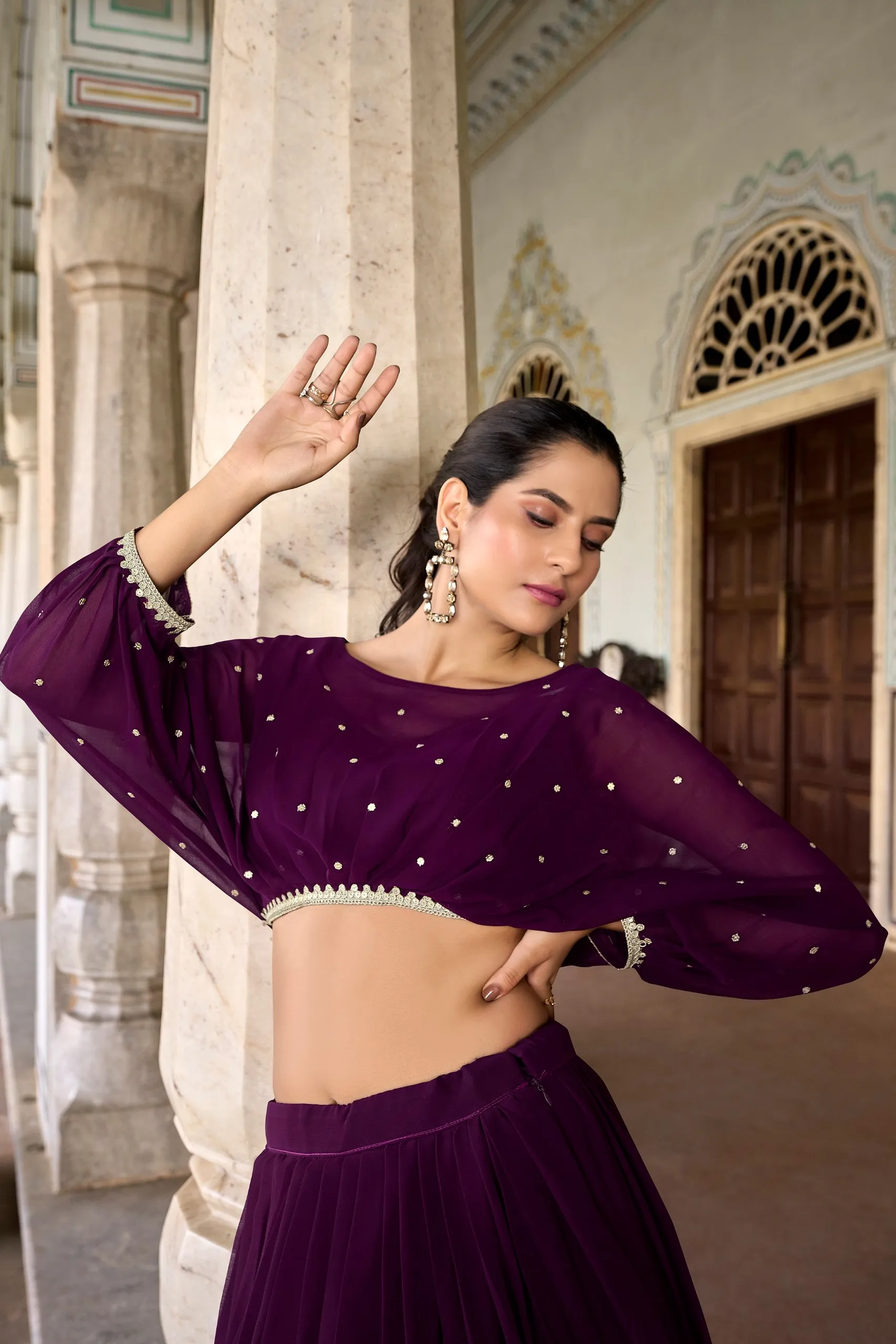 Wine Pure Georgette Sequins and Thread Embroidery Work Co Ord Set