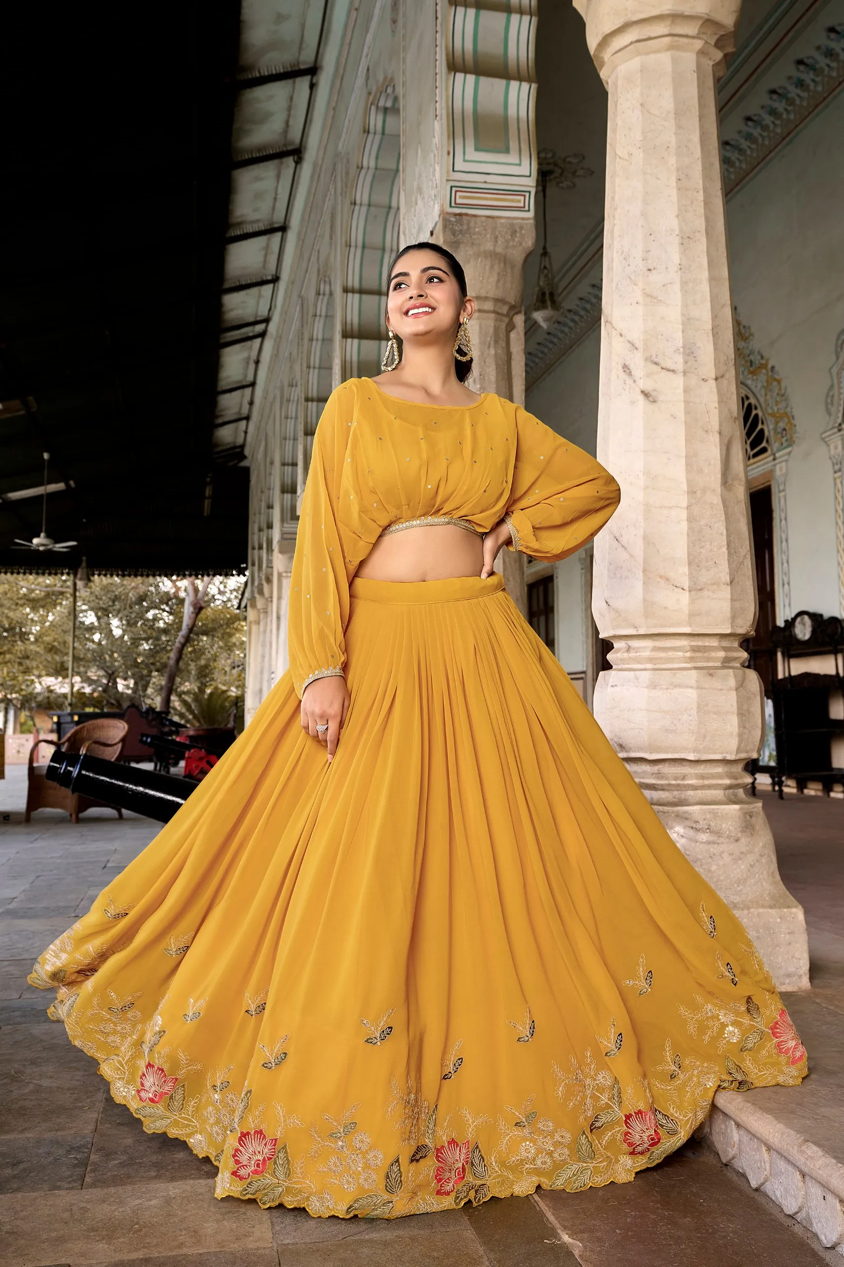 Mustard Breathtaking Embroidered Georgette Embroidery Work Lehenga Co-ord Set