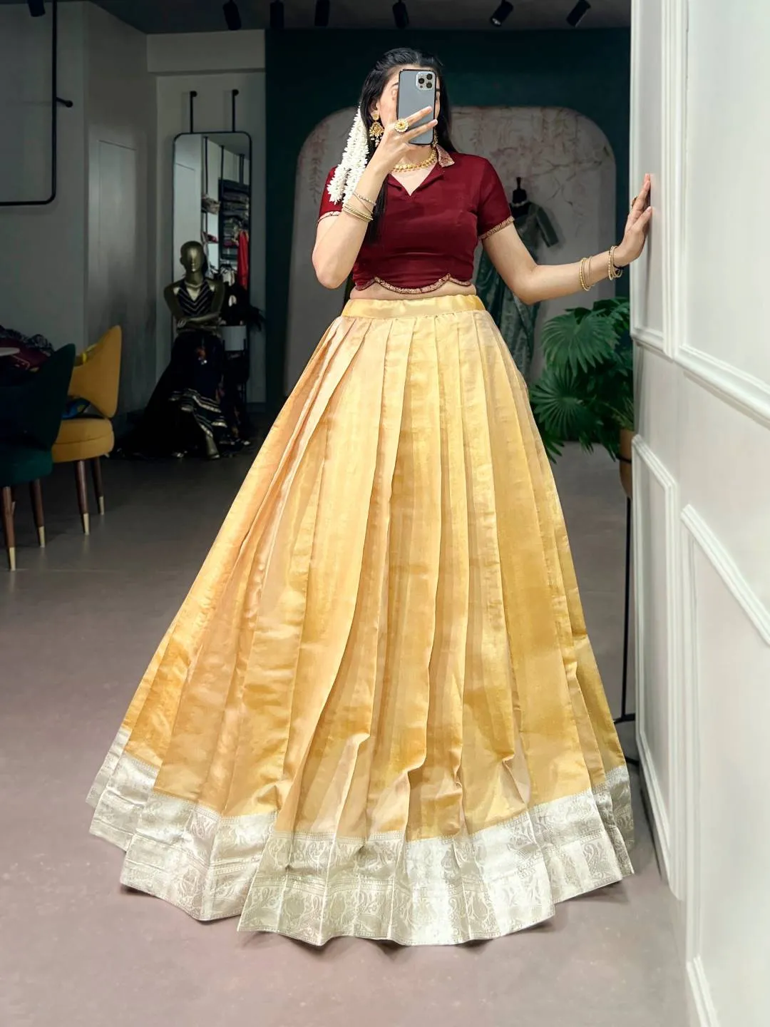Mustard Pure Kanchipuram Silk With Zari Weaving Work Paithani Onam Pavada Lehenga Choli