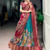 Teal Kalamkari Zari Work Printed Dola Silk Lehenga Choli Set with Tassel Dupatta