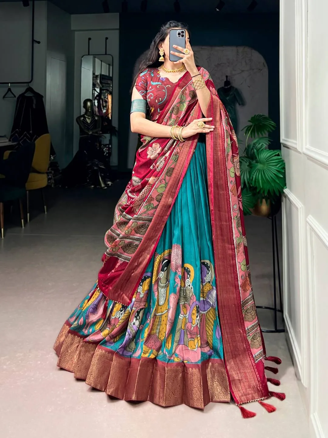 Teal Kalamkari Zari Work Printed Dola Silk Lehenga Choli Set with Tassel Dupatta