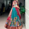 Teal Kalamkari Zari Work Printed Dola Silk Lehenga Choli Set with Tassel Dupatta