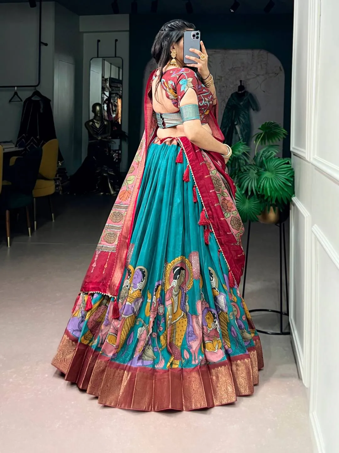 Teal Kalamkari Zari Work Printed Dola Silk Lehenga Choli Set with Tassel Dupatta