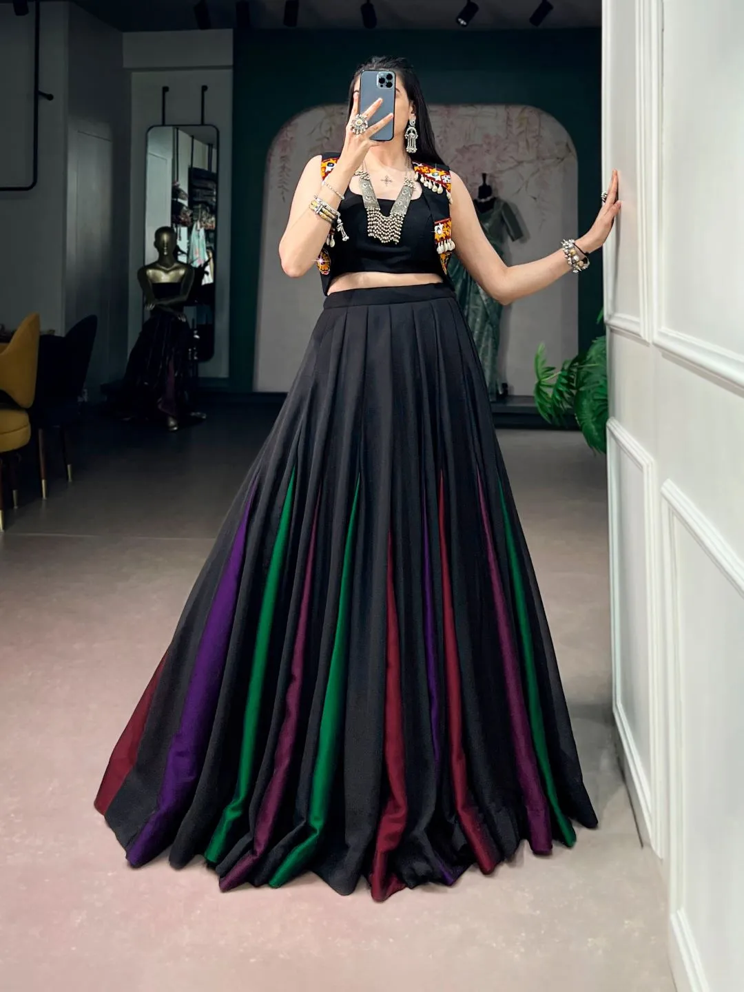 Women’s Black Georgette Navaratri Lehenga Choli Set with Traditional Gamthi Work Koti
