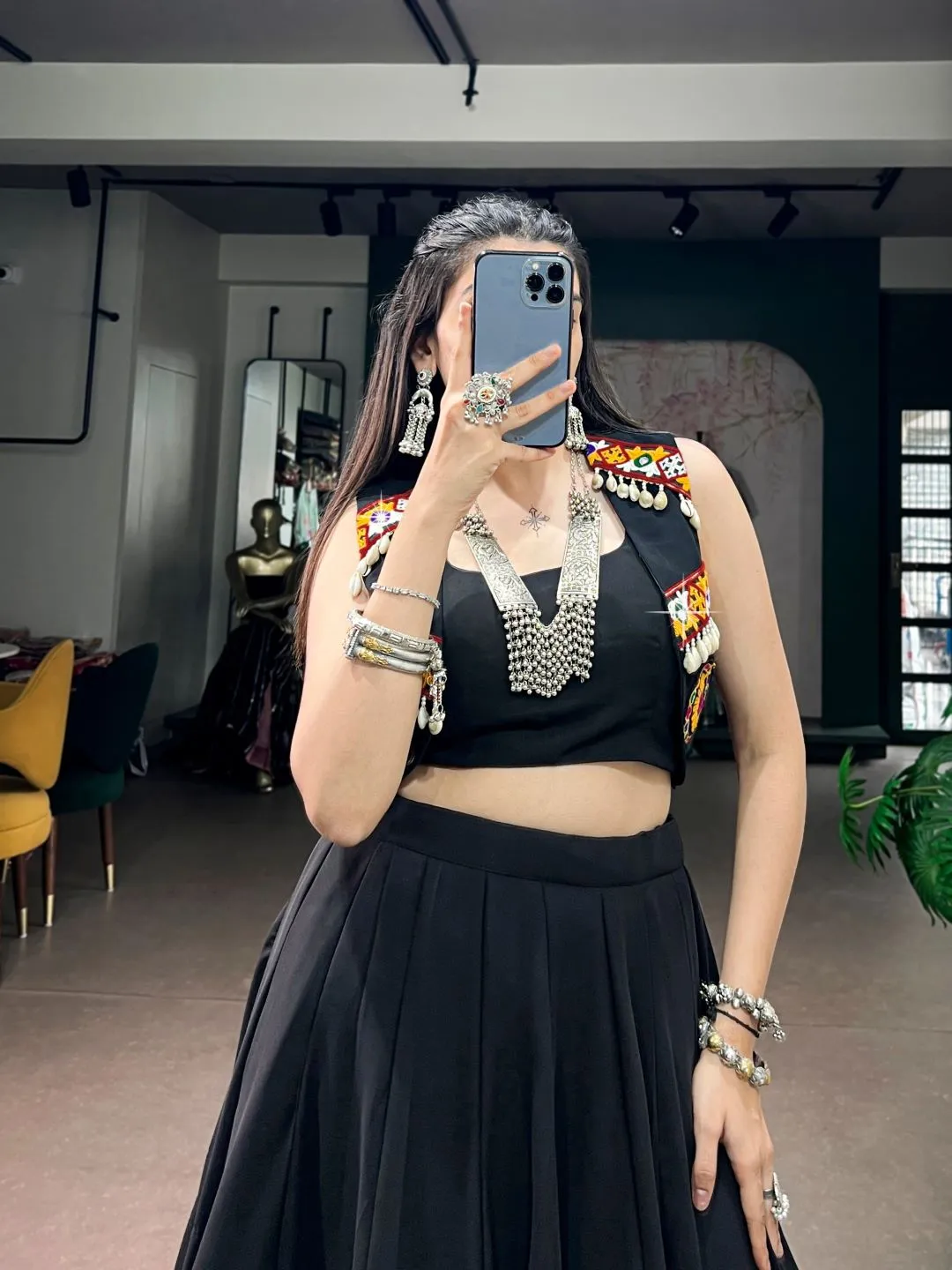 Women’s Black Georgette Navaratri Lehenga Choli Set with Traditional Gamthi Work Koti