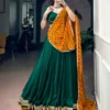 Graceful Dark Green Chinon & Georgette Navratri Lehenga Choli with Bandhani Dupatta for Garba