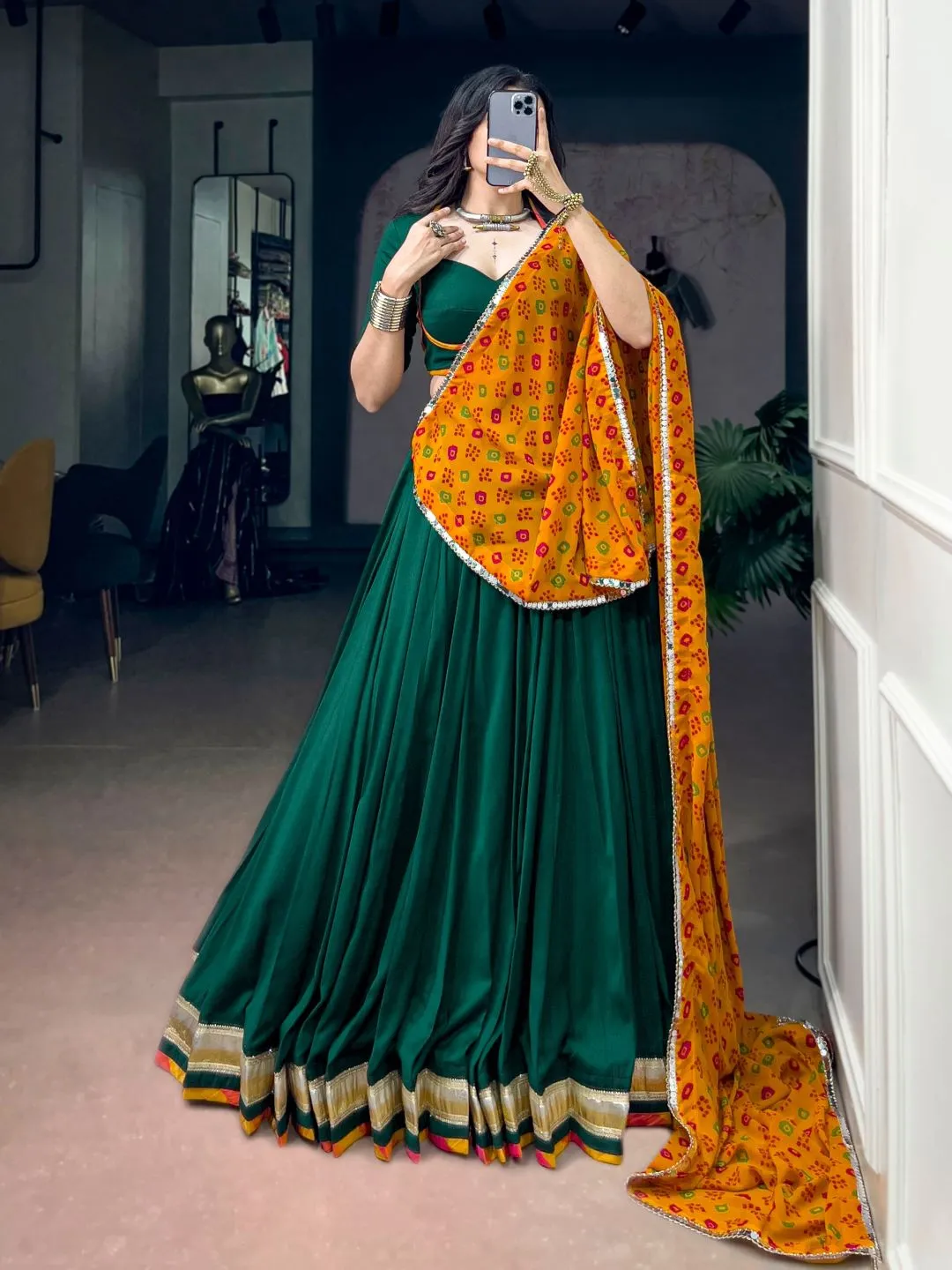 Graceful Dark Green Chinon & Georgette Navratri Lehenga Choli with Bandhani Dupatta for Garba