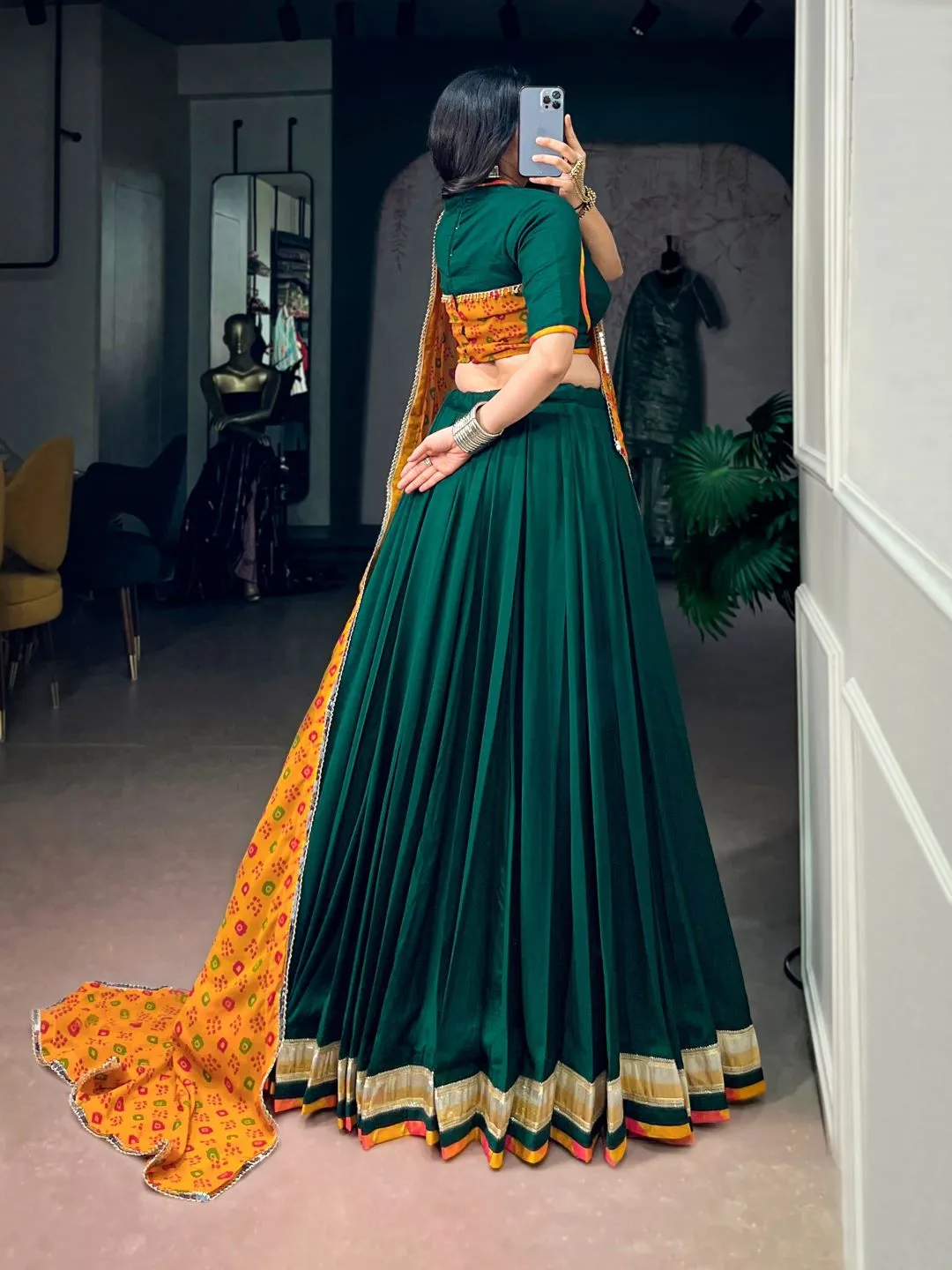 Graceful Dark Green Chinon & Georgette Navratri Lehenga Choli with Bandhani Dupatta for Garba