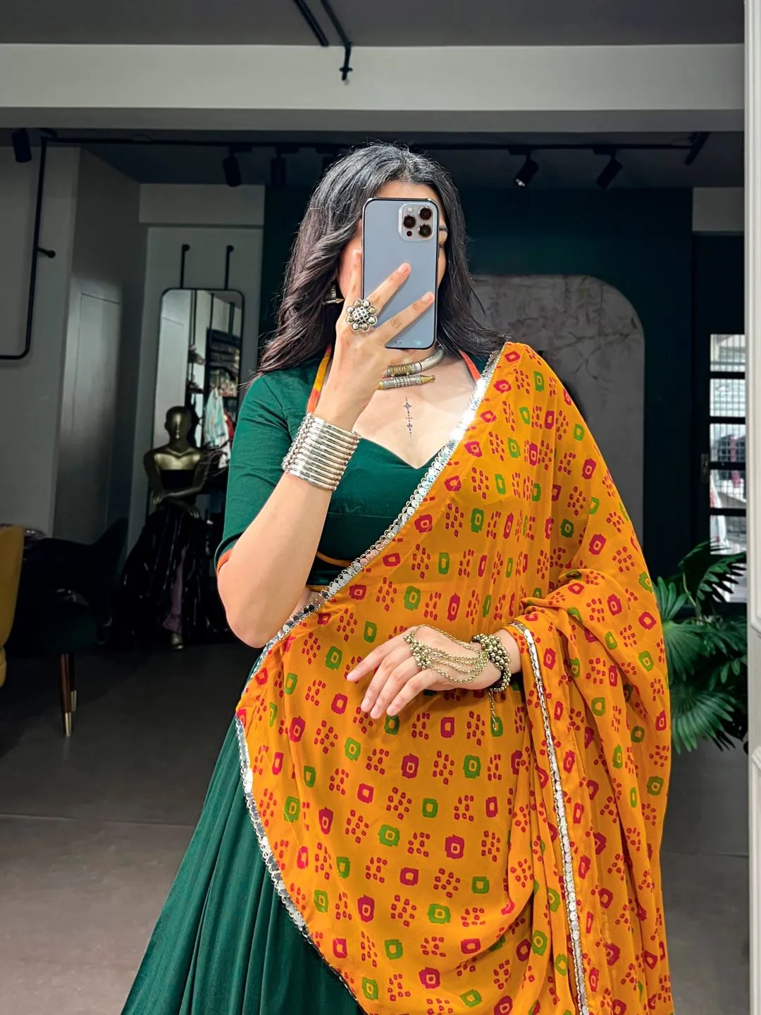 Graceful Dark Green Chinon & Georgette Navratri Lehenga Choli with Bandhani Dupatta for Garba
