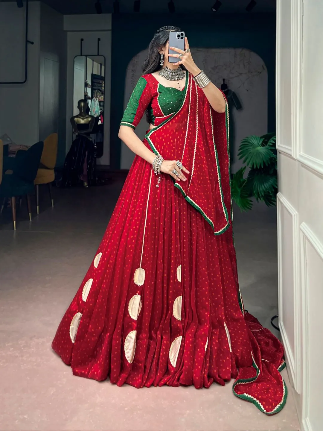 Red & Green Bandhej Print On Satin Chiffon, Enhanced With Gotta Patch Work And A Beautifully Crafted Dola Silk Navratri Chaniya Choli Set for Garba