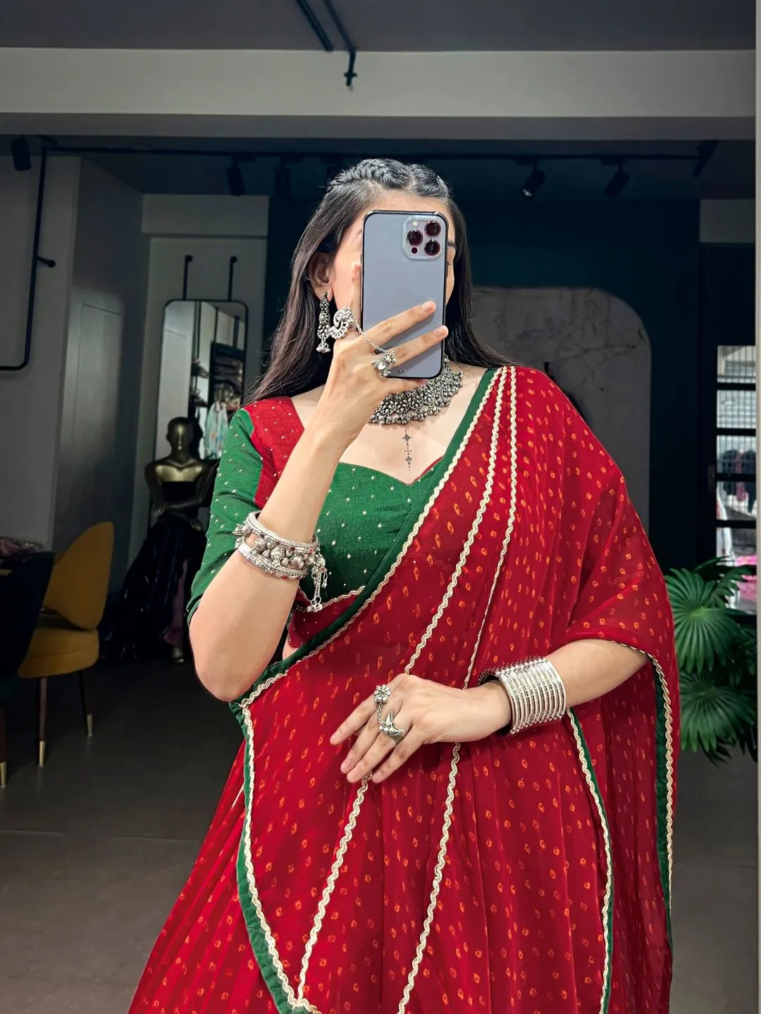 Red & Green Bandhej Print On Satin Chiffon, Enhanced With Gotta Patch Work And A Beautifully Crafted Dola Silk Navratri Chaniya Choli Set for Garba