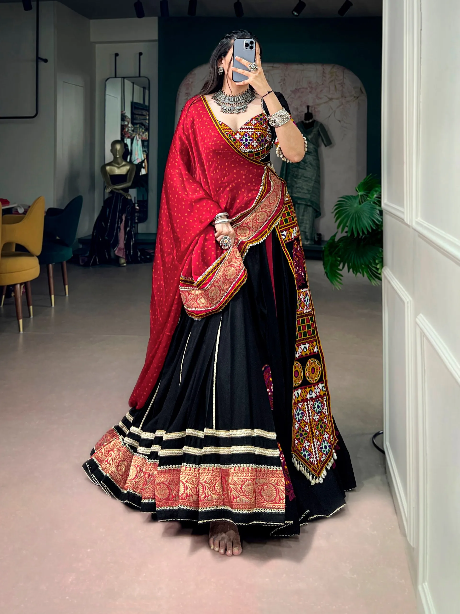 Heavy Rayon Black Color Fully Stitched Work Lehenga Choli with Kutchi Embroidery