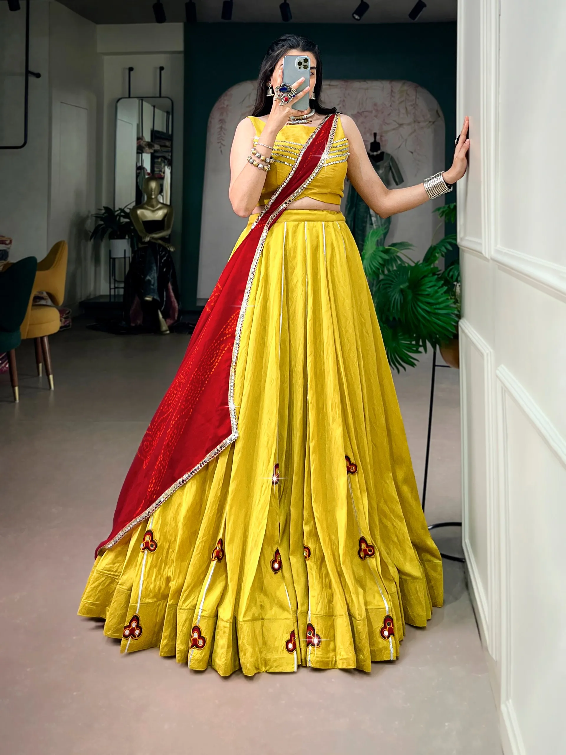 Navratri Night Chanderi Gotta Patti with Mirror Gamthi work Lehenga Choli for garaba