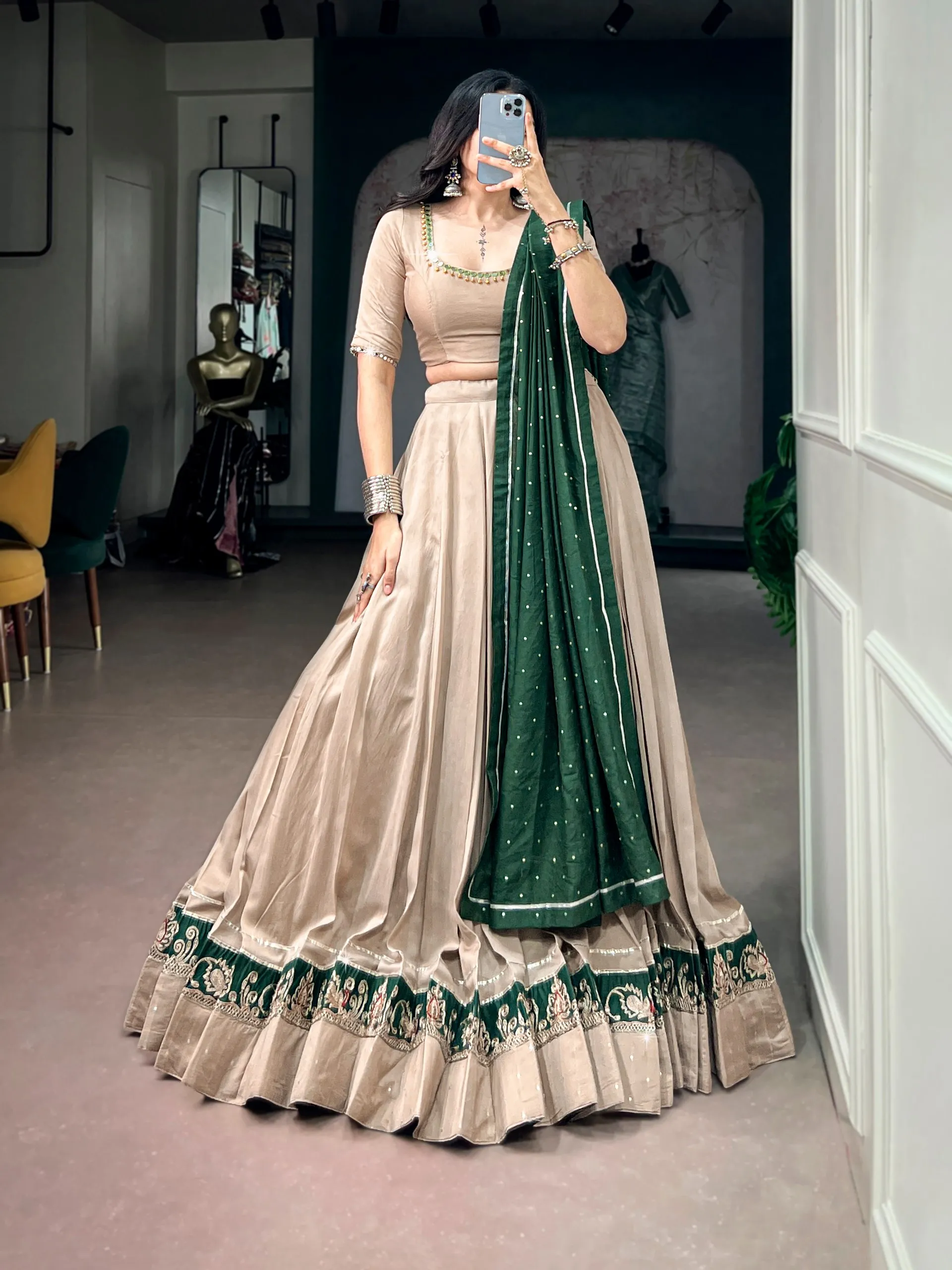 Beige Embroidery Chanderi and Mirror Work Lehenga Choli Navratri