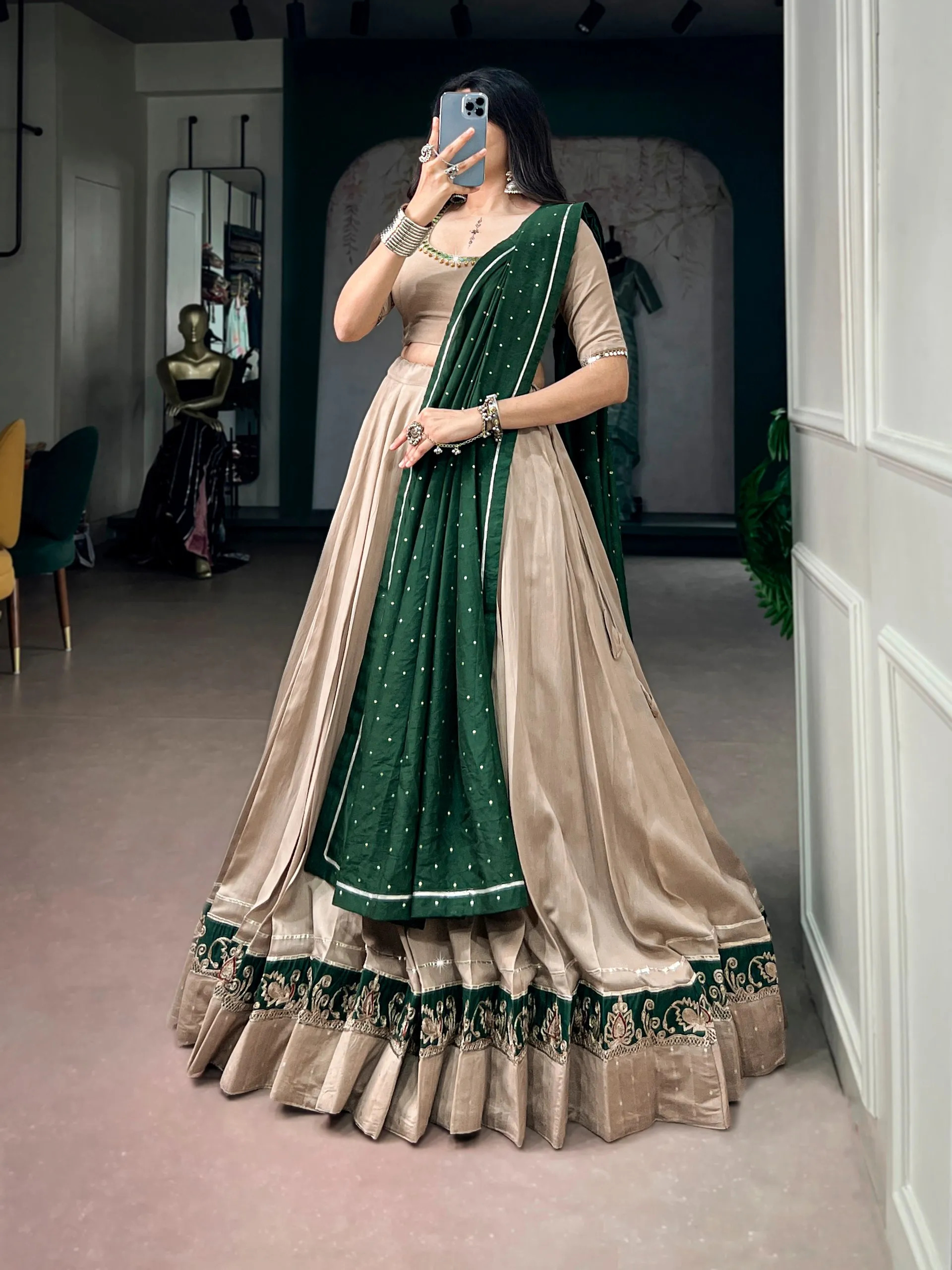Beige Embroidery Chanderi and Mirror Work Lehenga Choli Navratri