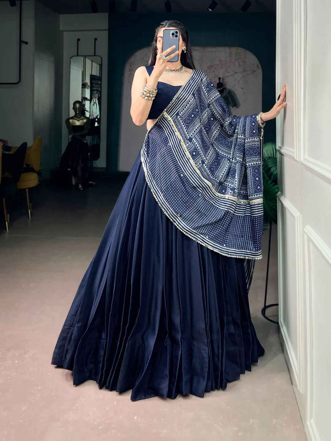 Navratri Nights Special Captivating Blue Moonga Silk Lehenga Choli with Printed Satin Dupatta and Mirror Lace