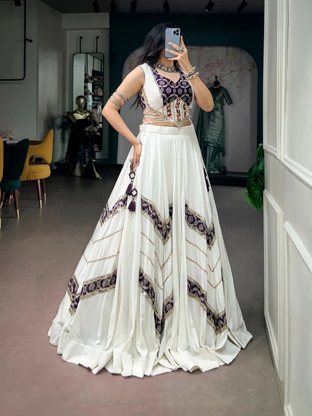 Women Off White & Purple Printed Rayon Gamthi Mirror Work Navratri Free Size Stitched Lehenga Choli Set